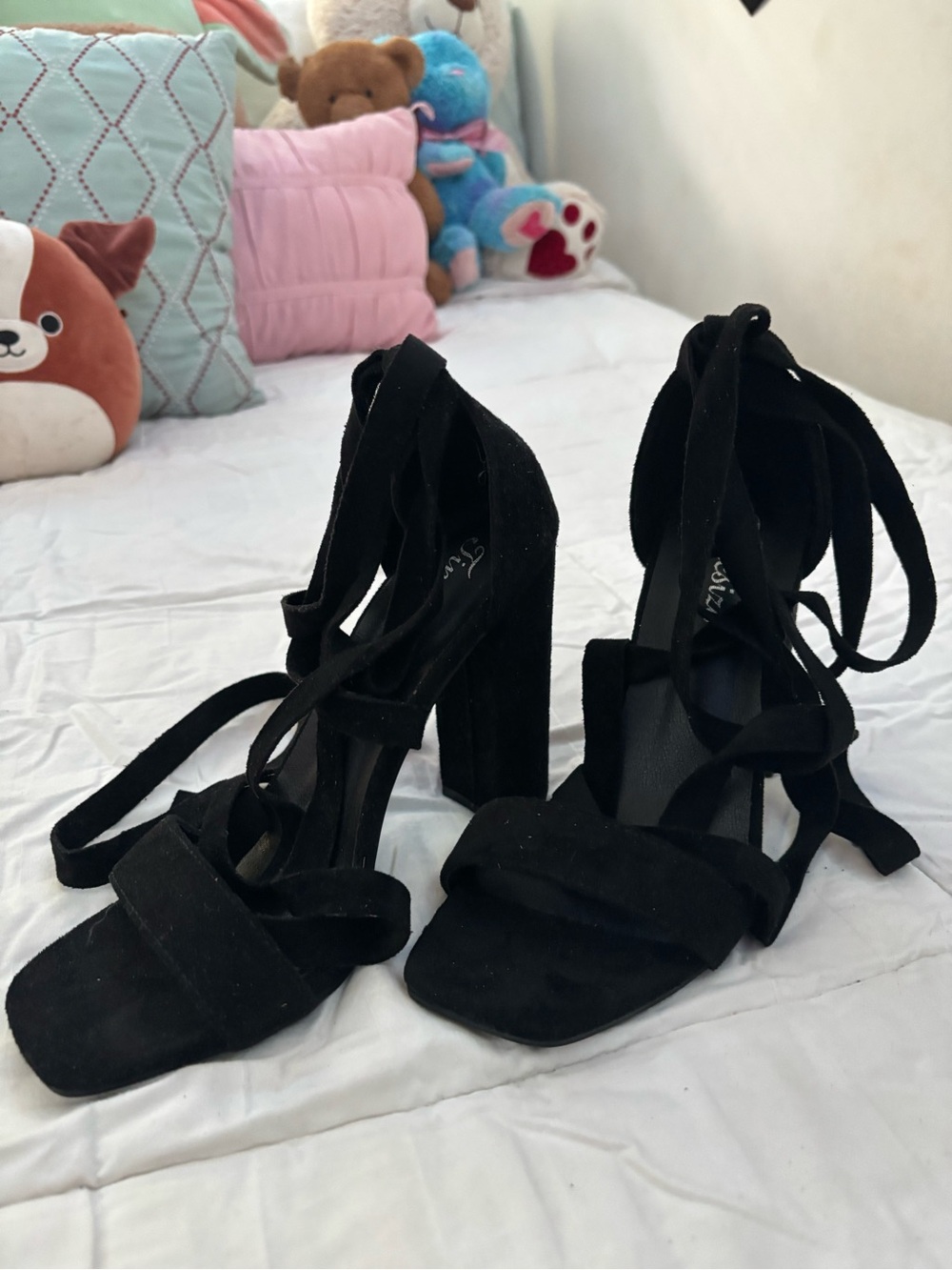 SHEIN Black Suede Wrap Ankle Block Heels